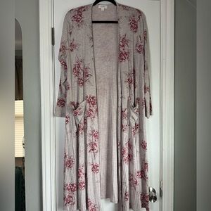LuLaRoe Long Line Duster Cardigan Off White with Rose Floral Pink Ribbed Sweater